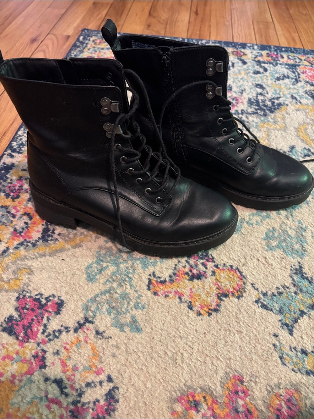 Black Leather Lace-Up Combat Boots - Women's